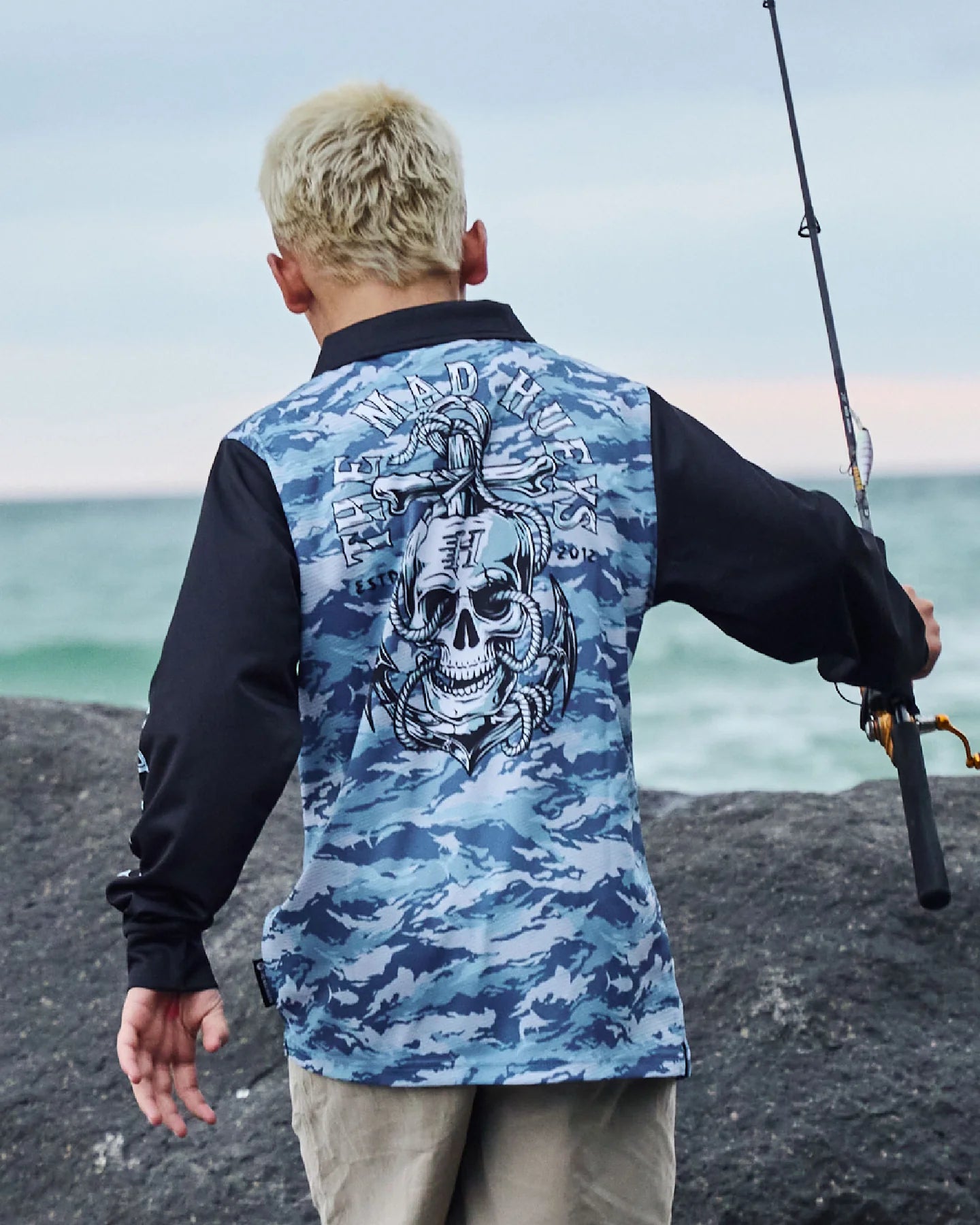 MAD HUEYS ROPE SKULL ANCHOR YOUTH UPF 50+ FISHING JERSEY STEEL BLUE