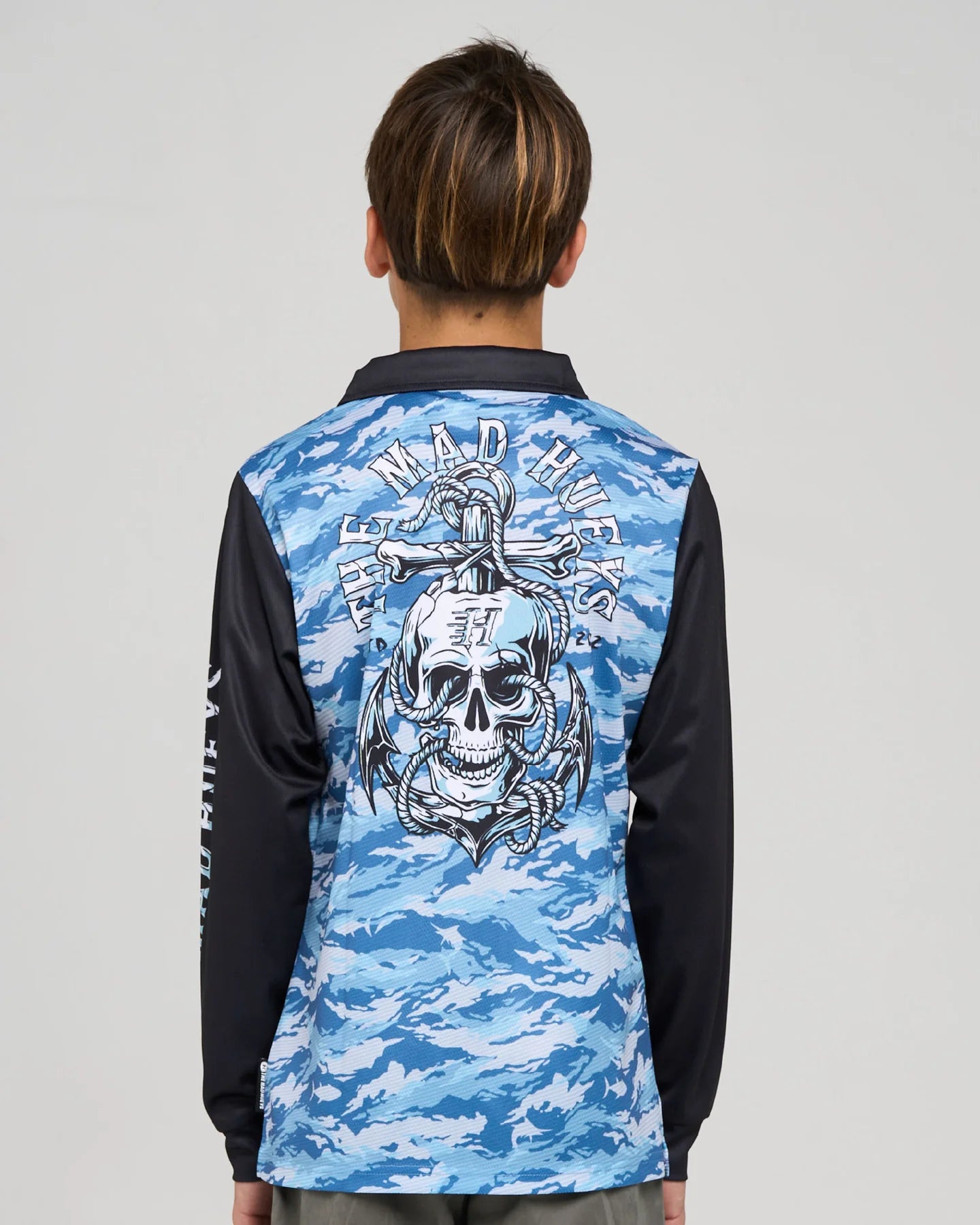 MAD HUEYS ROPE SKULL ANCHOR YOUTH UPF 50+ FISHING JERSEY STEEL BLUE