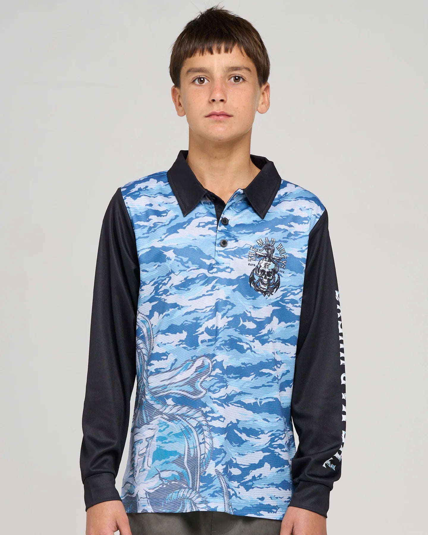 MAD HUEYS ROPE SKULL ANCHOR YOUTH UPF 50+ FISHING JERSEY STEEL BLUE