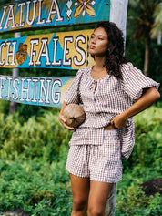 ROXY DELILAH CHECK WOMENS BLOUSE COCONUT LIGHTWEIGHT SUMMER RESORT BEACH TOP