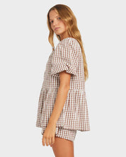 ROXY DELILAH CHECK WOMENS BLOUSE COCONUT LIGHTWEIGHT SUMMER RESORT BEACH TOP