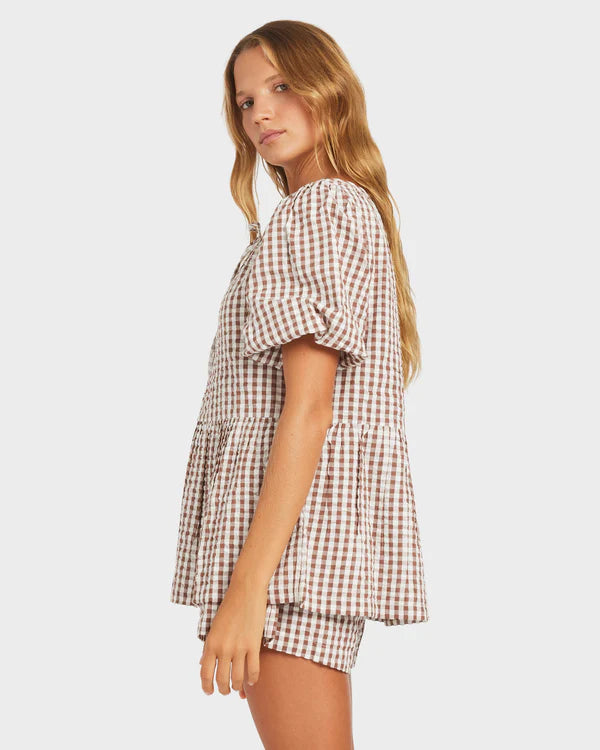 ROXY DELILAH CHECK WOMENS BLOUSE COCONUT LIGHTWEIGHT SUMMER RESORT BEACH TOP