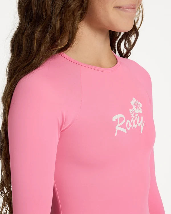 ROXY GIRLS 8-16 SUMMER WAVE LONG SLEEVE ONE PIECE SWIMSUIT – PINK CARNATION