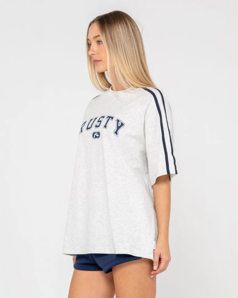 RUSTY ALL SAINT COLLEGIATE OG OVERSIZED TEE WOMENS STREET STYLE – ECRU MARLE