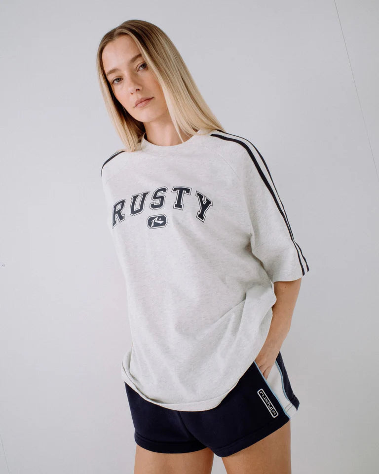 RUSTY ALL SAINT COLLEGIATE OG OVERSIZED TEE WOMENS STREET STYLE – ECRU MARLE