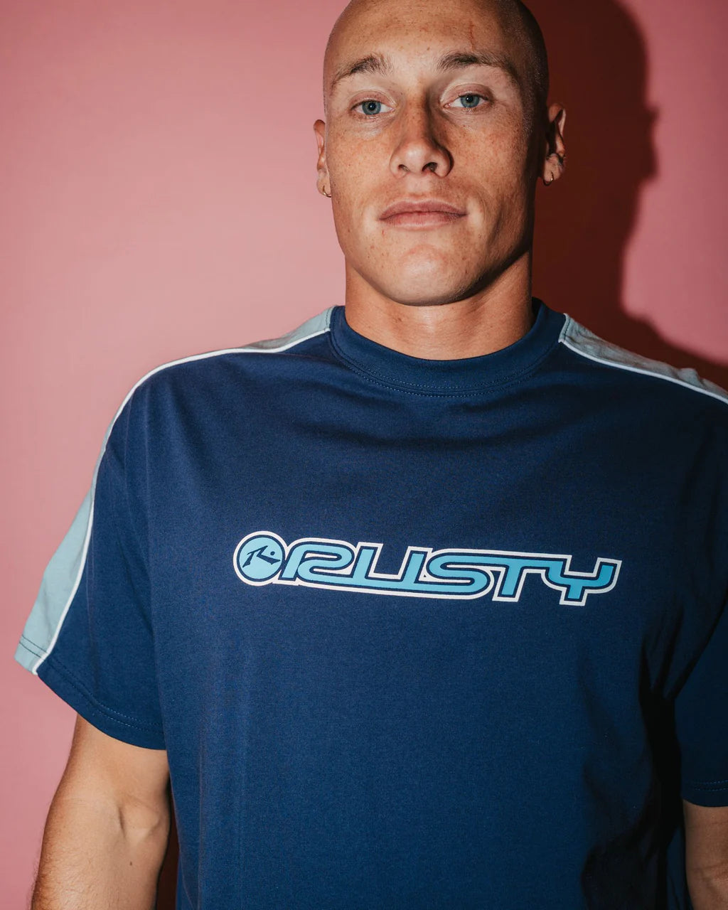 RUSTY ALONSO GRAPHIC PANEL TEE – MENS TWO TONE RETRO SURF T-SHIRT NAVY BLUE 2