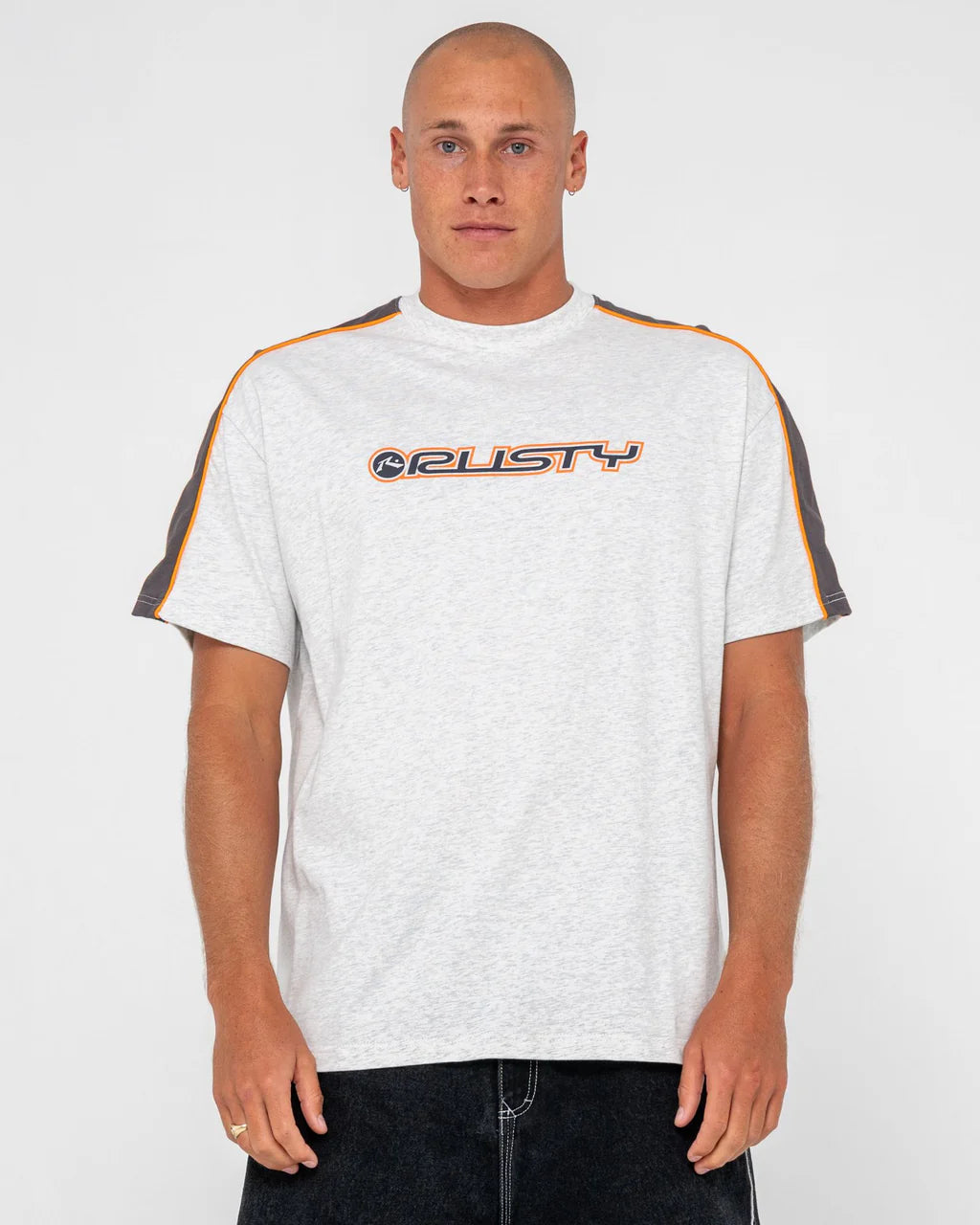 RUSTY ALONSO GRAPHIC PANEL TEE – MENS TWO TONE RETRO SURF T-SHIRT WHITE NAVY