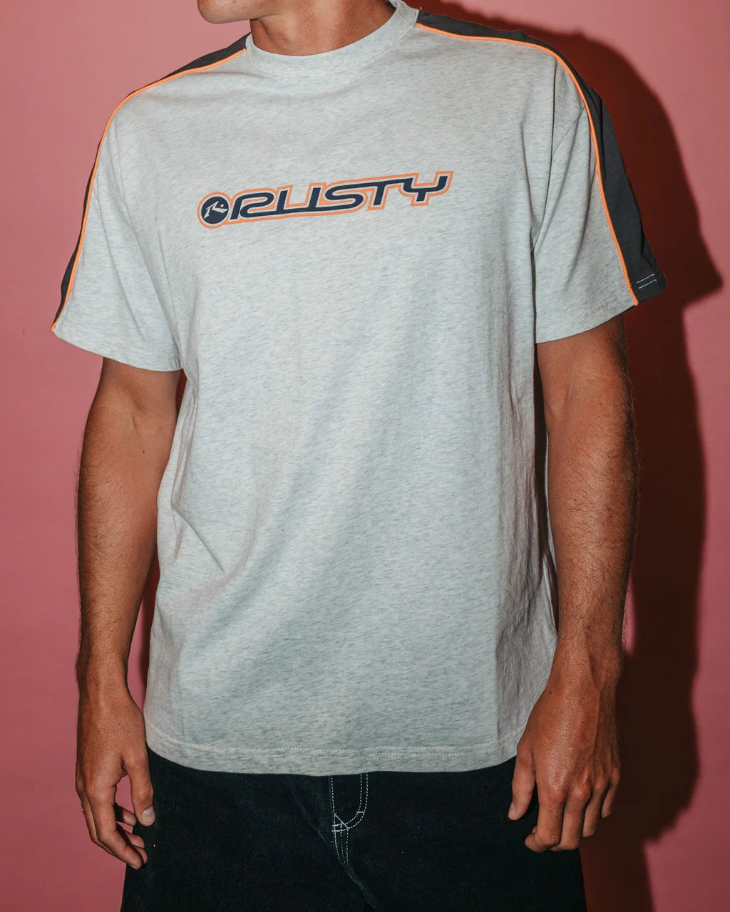 RUSTY ALONSO GRAPHIC PANEL TEE – MENS TWO TONE RETRO SURF T-SHIRT WHITE NAVY