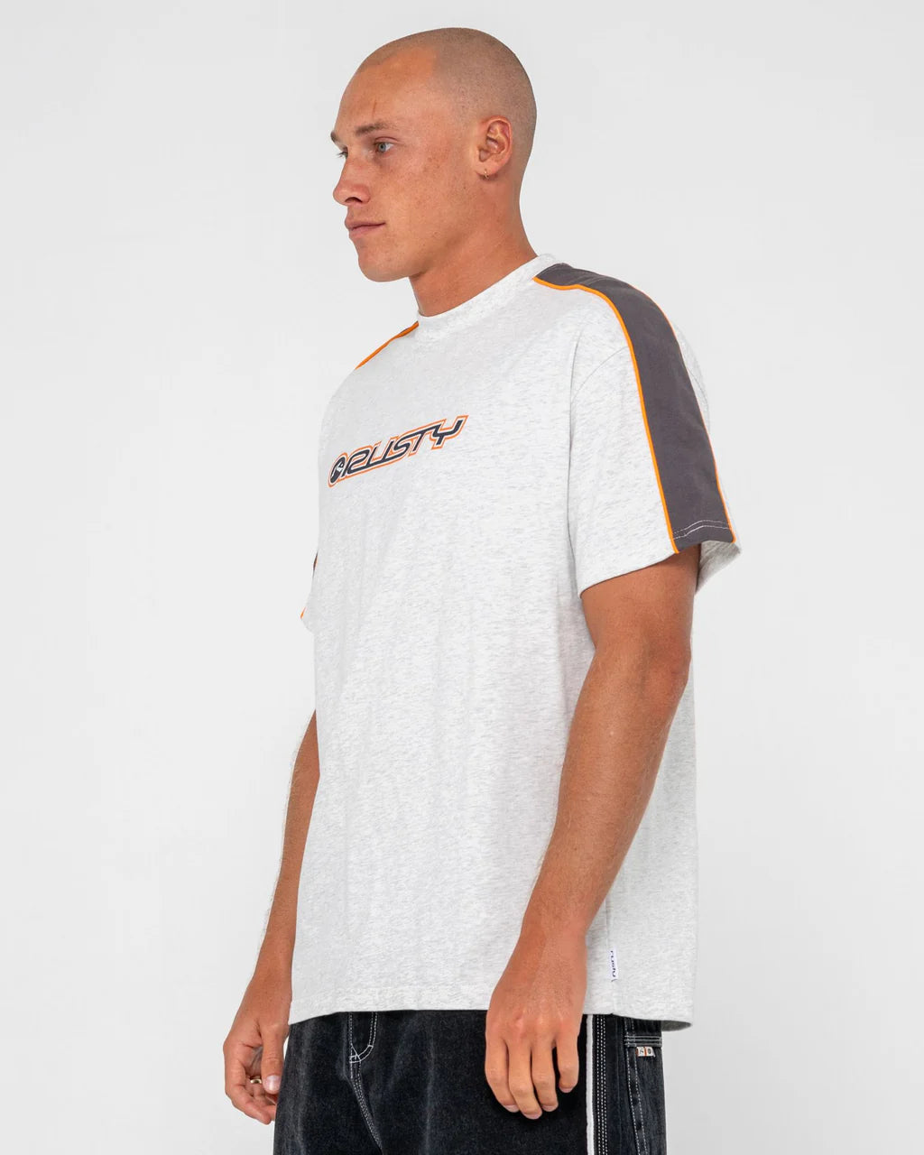 RUSTY ALONSO GRAPHIC PANEL TEE – MENS TWO TONE RETRO SURF T-SHIRT WHITE NAVY