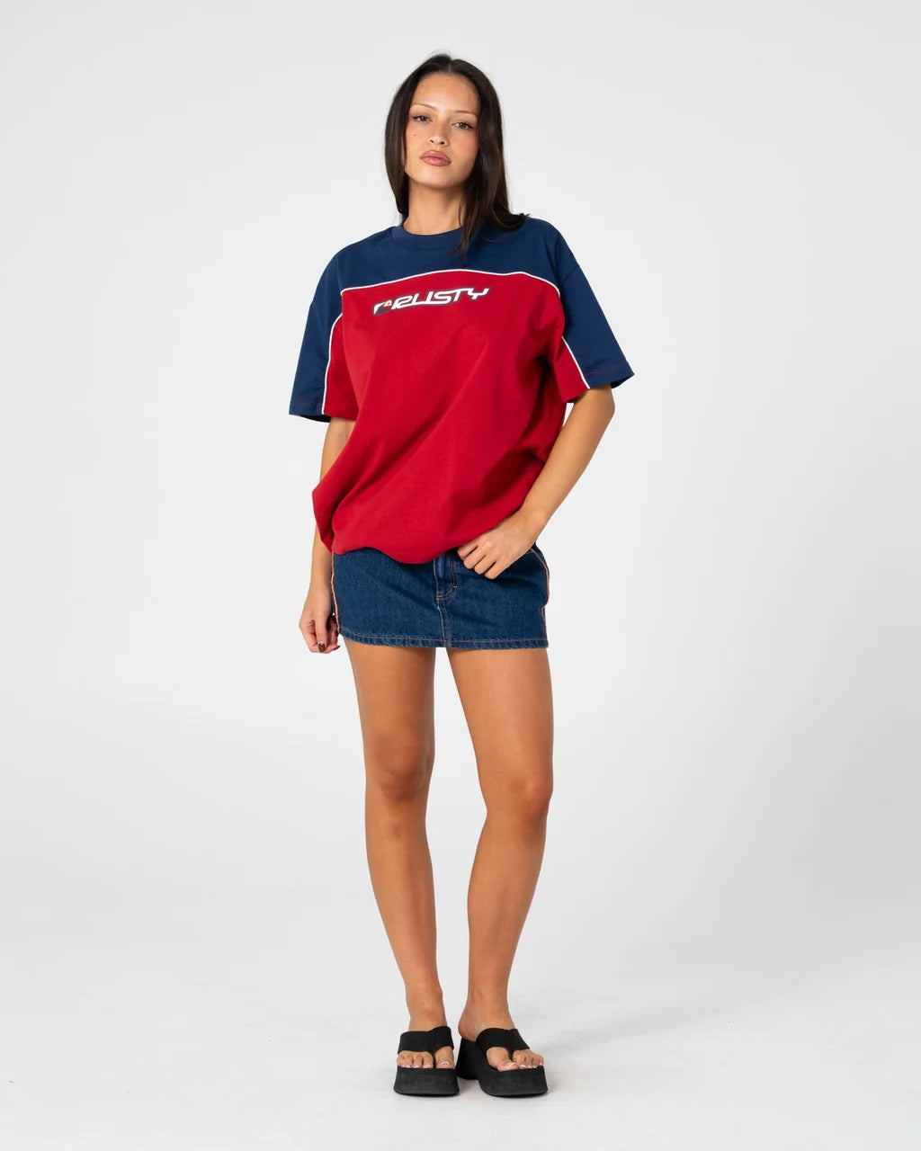 RUSTY ARCHIVED OPS OVERSIZED TEE – CRANBERRY / NAVY