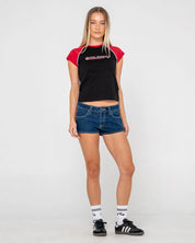 RUSTY ARCHIVED RAGLAN BABY TEE WOMENS FITTED Y2K TOP – BLACK
