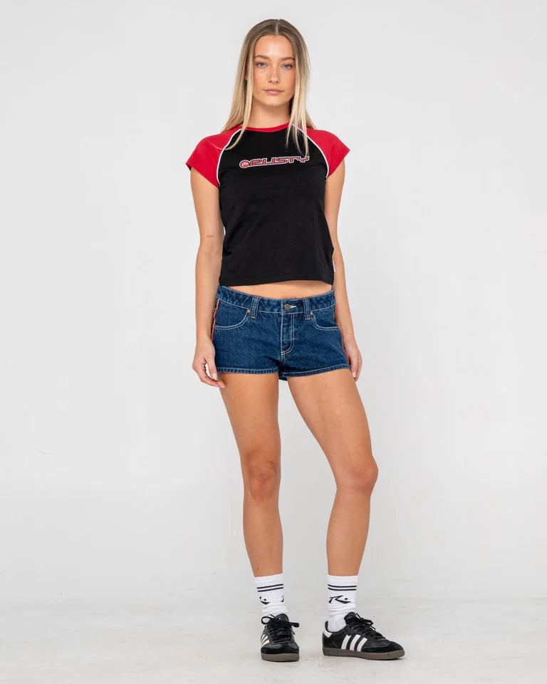 RUSTY ARCHIVED RAGLAN BABY TEE WOMENS FITTED Y2K TOP – BLACK
