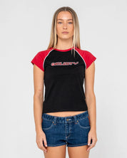 RUSTY ARCHIVED RAGLAN BABY TEE WOMENS FITTED Y2K TOP – BLACK