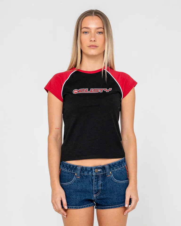 RUSTY ARCHIVED RAGLAN BABY TEE WOMENS FITTED Y2K TOP – BLACK