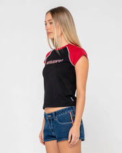 RUSTY ARCHIVED RAGLAN BABY TEE WOMENS FITTED Y2K TOP – BLACK