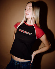 RUSTY ARCHIVED RAGLAN BABY TEE WOMENS FITTED Y2K TOP – BLACK