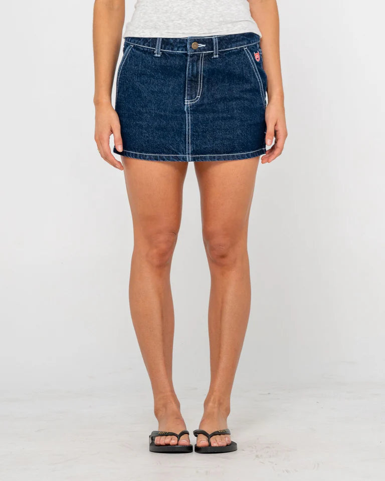 RUSTY BILLIE LOW RISE DENIM MINI SKIRT WOMENS Y2K STYLE – INDIGO