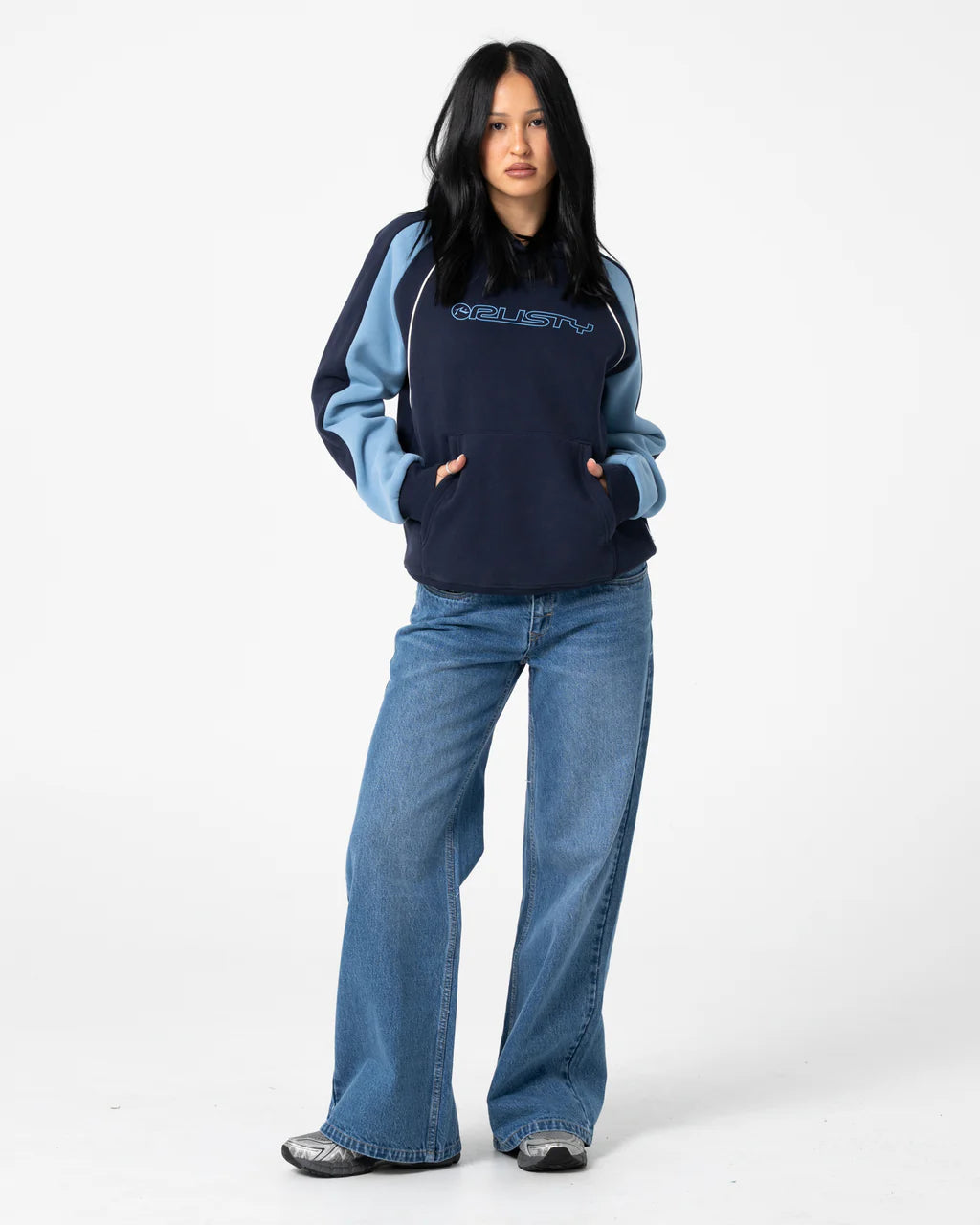 RUSTY BLACK SPLICE OVERSIZED FLEECE HOODIE – NAVY / BLUE