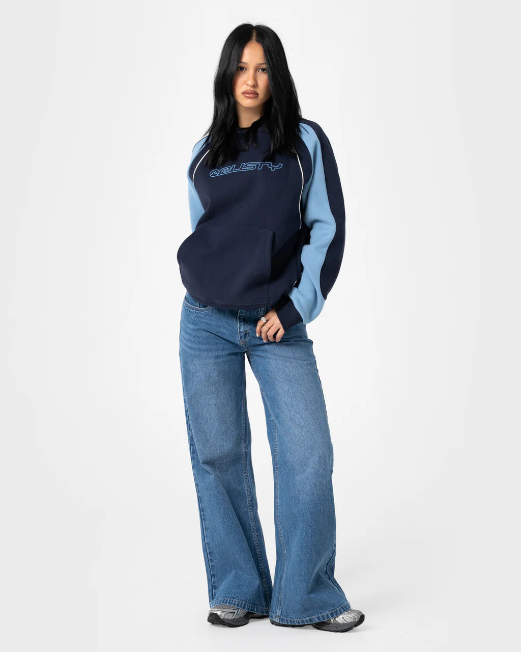 RUSTY BLACK SPLICE OVERSIZED FLEECE HOODIE – NAVY / BLUE