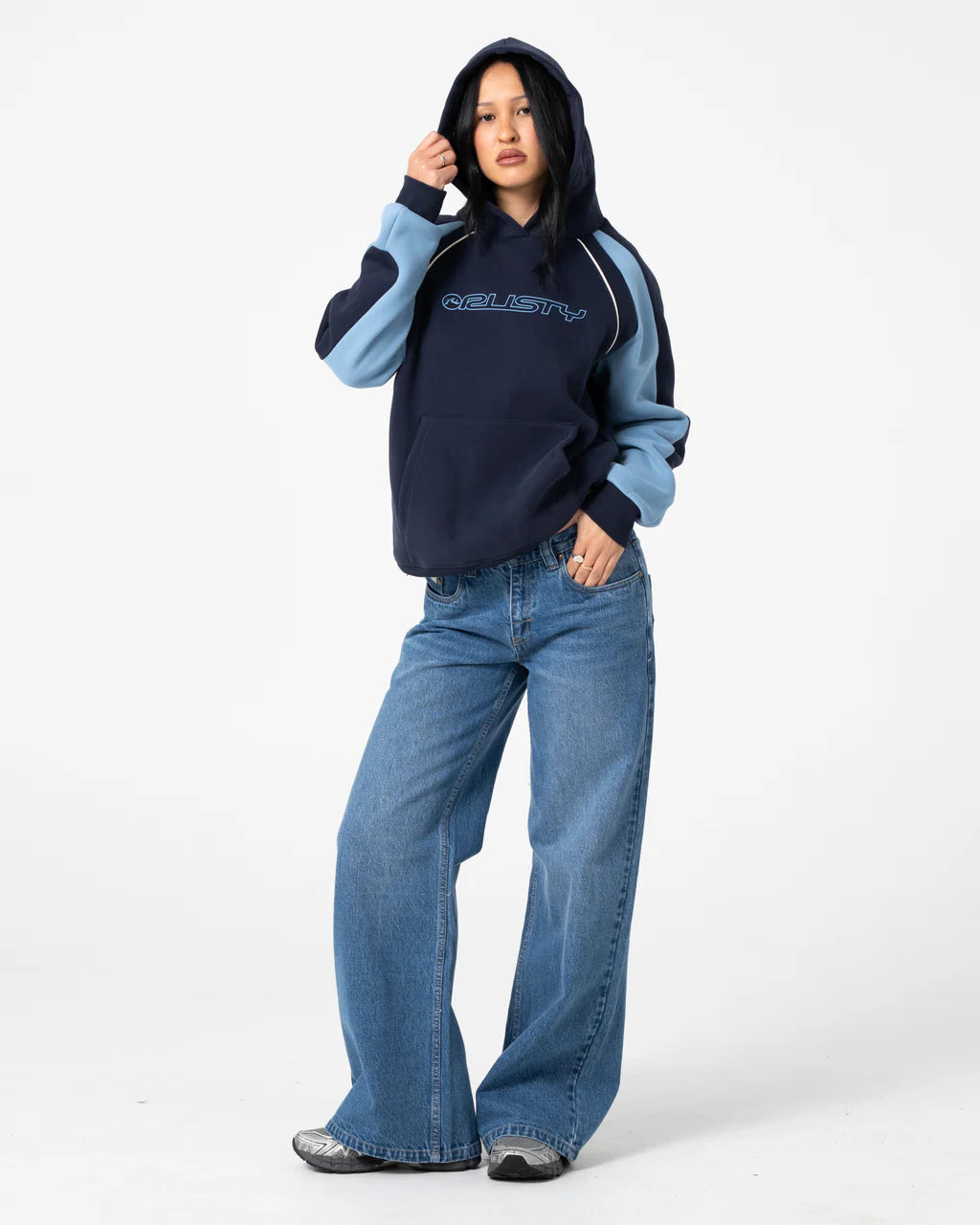 RUSTY BLACK SPLICE OVERSIZED FLEECE HOODIE – NAVY / BLUE