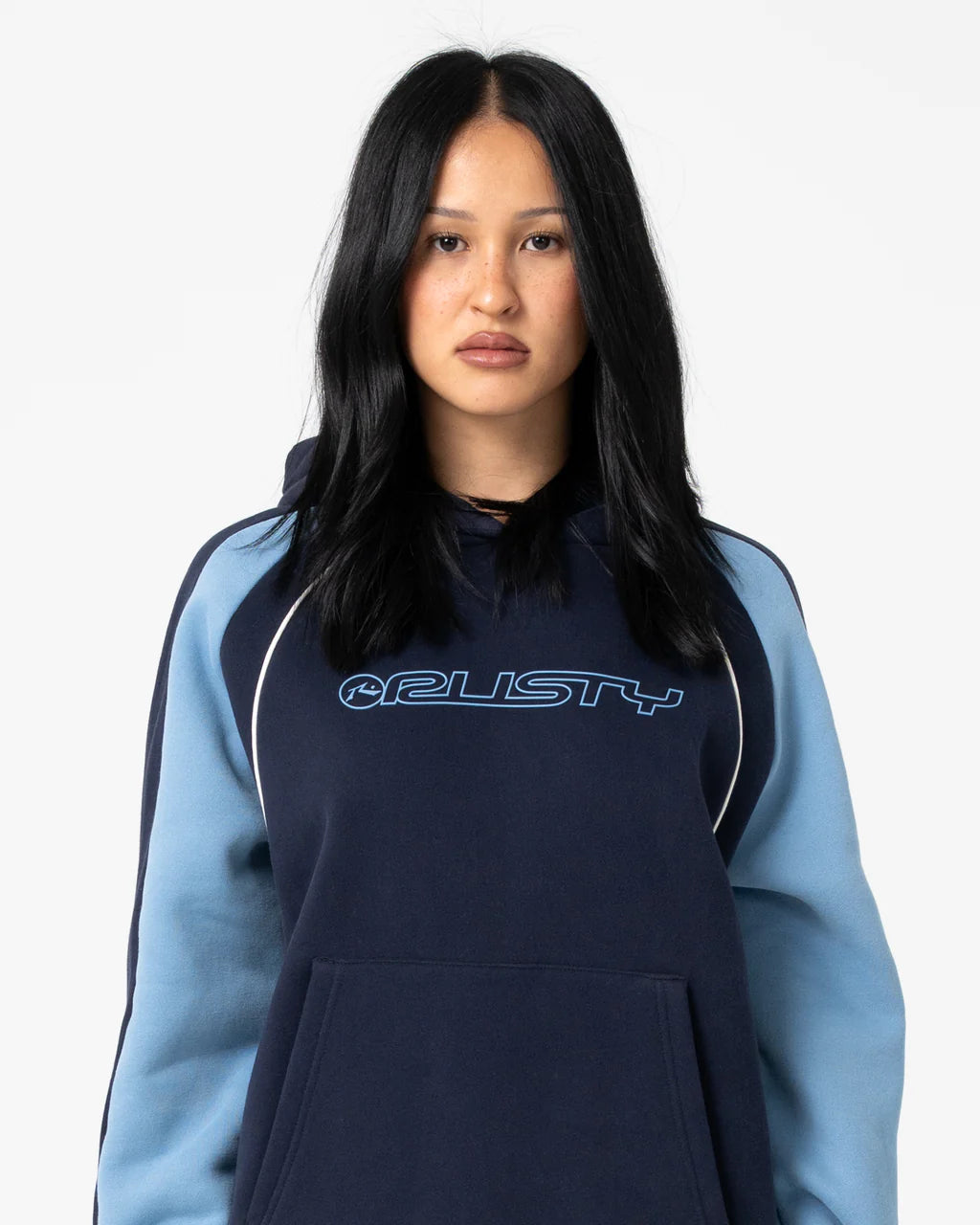 RUSTY BLACK SPLICE OVERSIZED FLEECE HOODIE – NAVY / BLUE