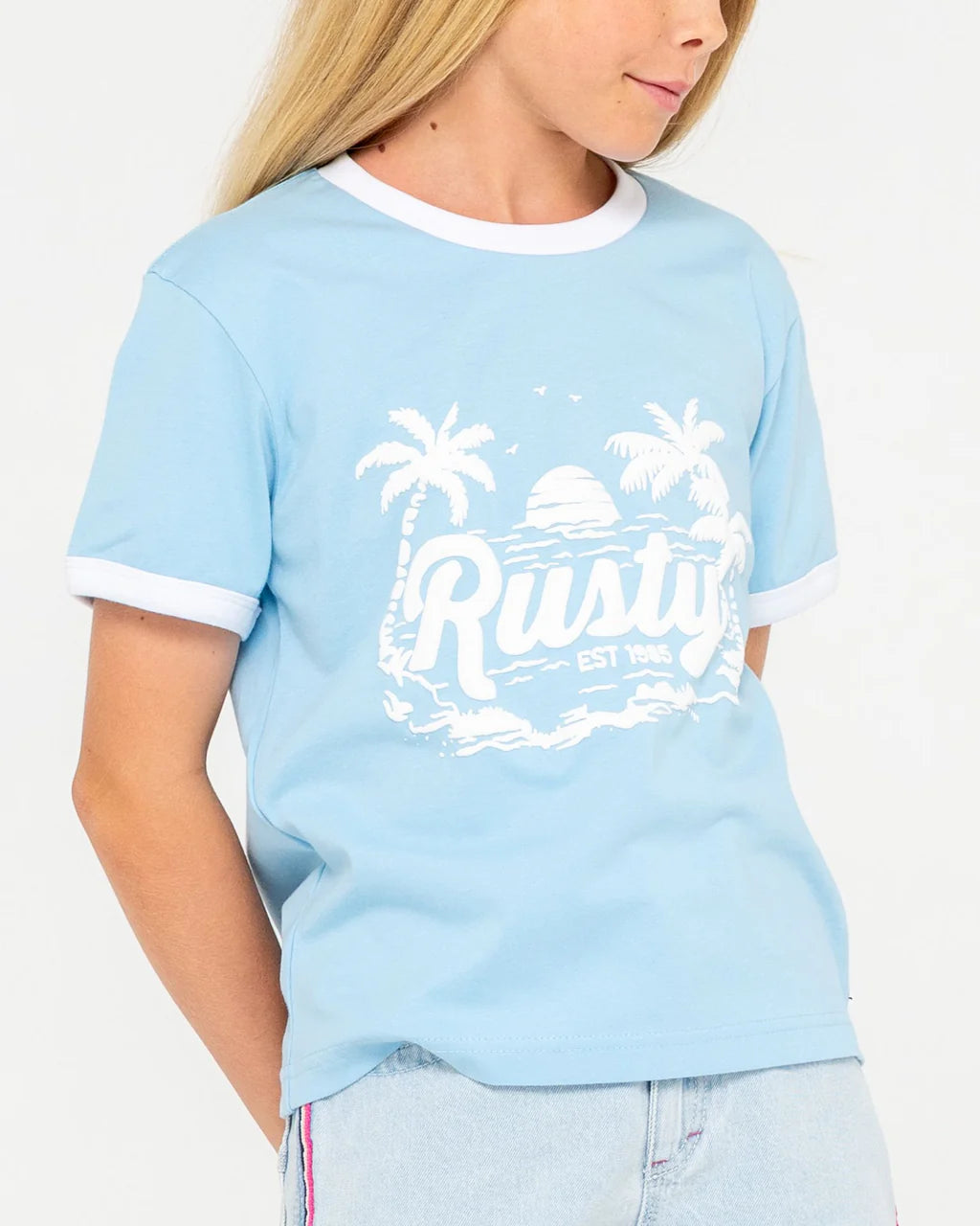 RUSTY BOBBIE OVERSIZED TEE – GIRLS RETRO SURF STYLE GRAPHIC TEE RETRO BLUE