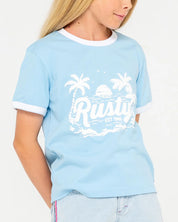 RUSTY BOBBIE OVERSIZED TEE – GIRLS RETRO SURF STYLE GRAPHIC TEE RETRO BLUE