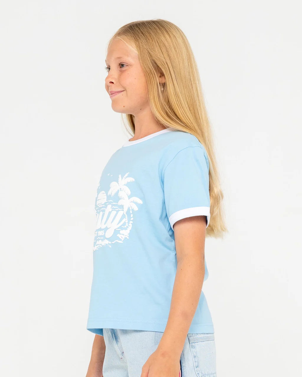 RUSTY BOBBIE OVERSIZED TEE – GIRLS RETRO SURF STYLE GRAPHIC TEE RETRO BLUE