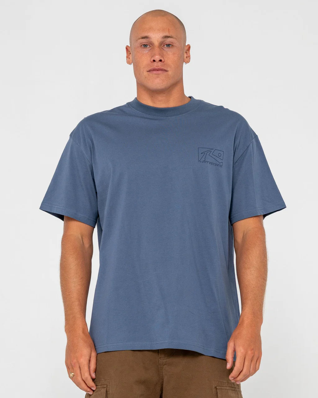 RUSTY BOXED OUT GRAPHIC TEE – MENS CLASSIC COTTON SURF LOGO T-SHIRT CHINA BLUE