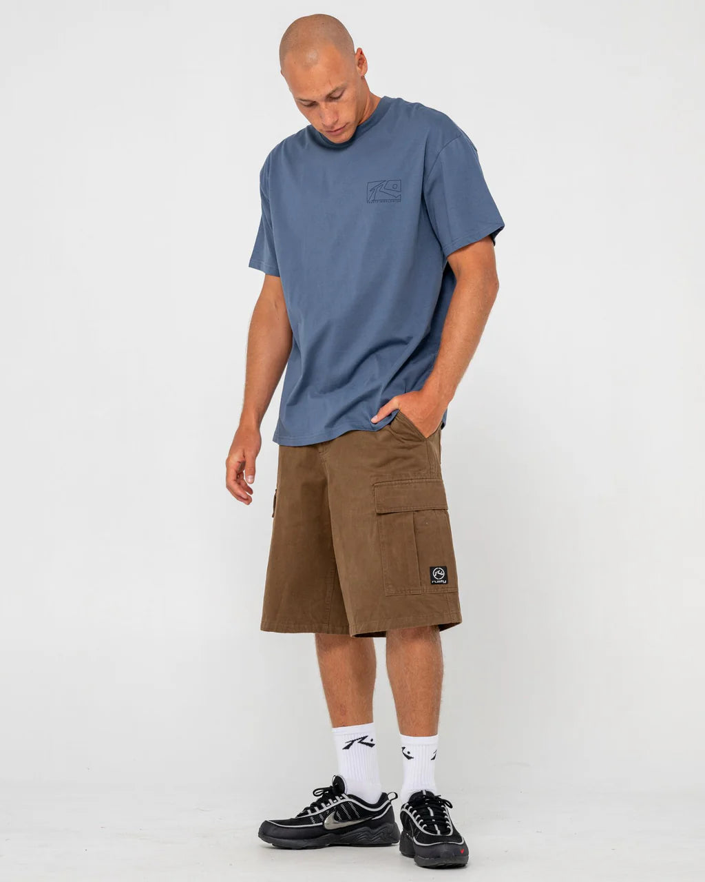 RUSTY BOXED OUT GRAPHIC TEE – MENS CLASSIC COTTON SURF LOGO T-SHIRT CHINA BLUE