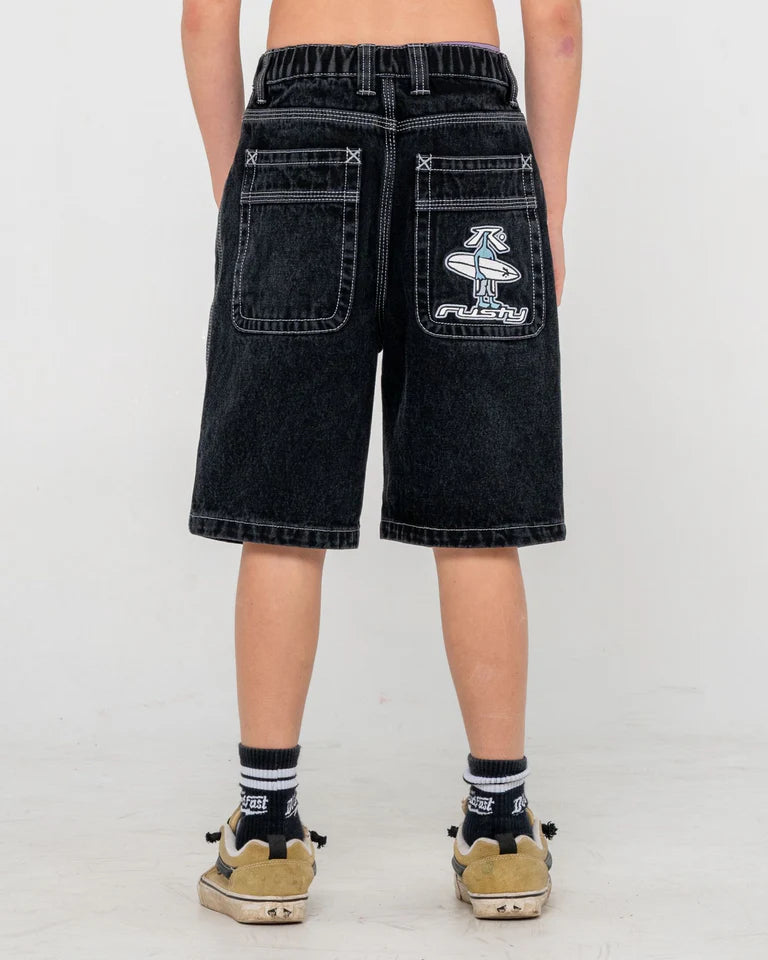RUSTY BOYS DR. DOT BAGGY JORT KIDS WIDE LEG DENIM SHORT – BLACK OUT