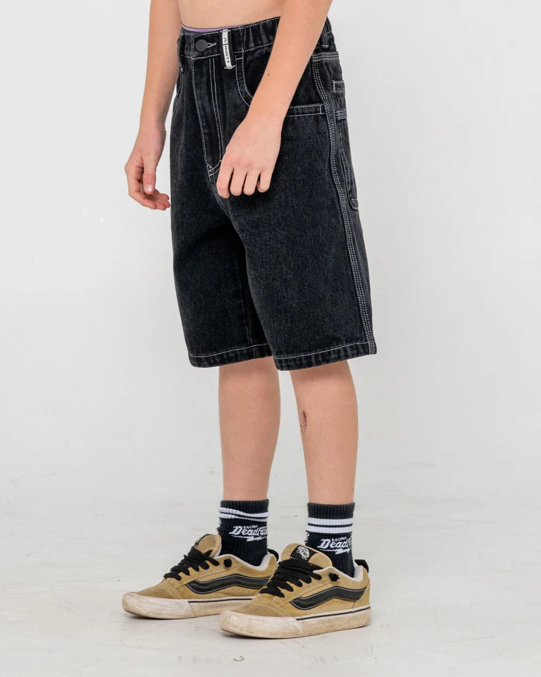 RUSTY BOYS DR. DOT BAGGY JORT KIDS WIDE LEG DENIM SHORT – BLACK OUT