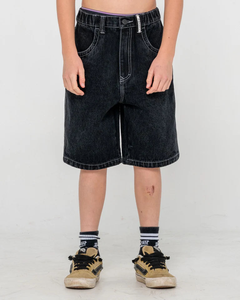 RUSTY BOYS DR. DOT BAGGY JORT KIDS WIDE LEG DENIM SHORT – BLACK OUT