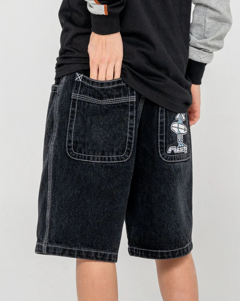 RUSTY BOYS DR. DOT BAGGY JORT KIDS WIDE LEG DENIM SHORT – BLACK OUT
