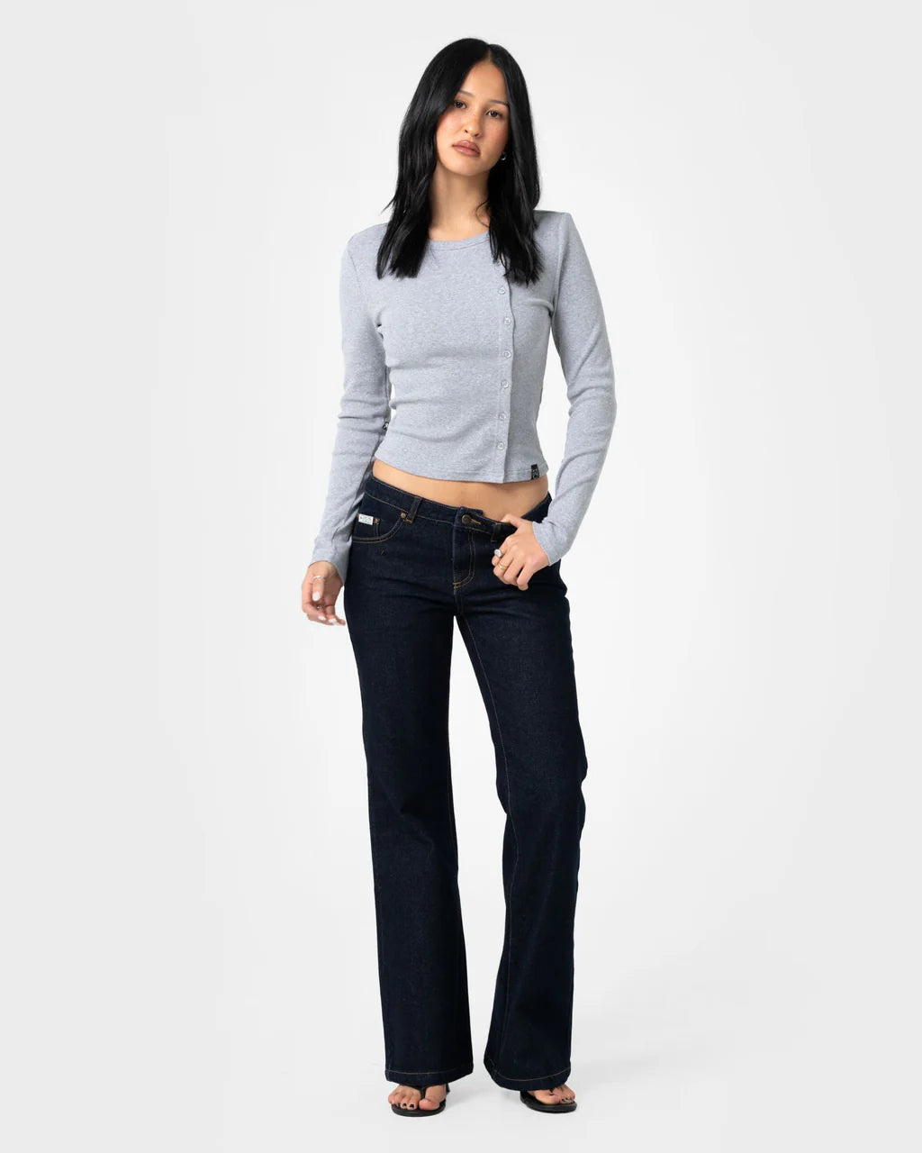 RUSTY BUTTON UP LONG SLEEVE TOP – GREY MARLE