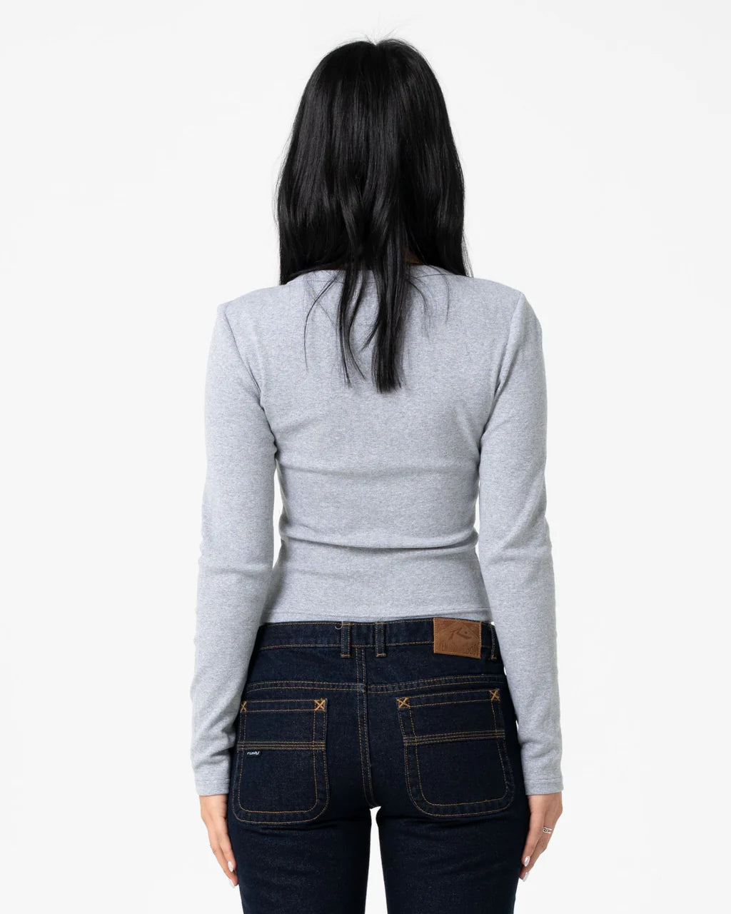RUSTY BUTTON UP LONG SLEEVE TOP – GREY MARLE