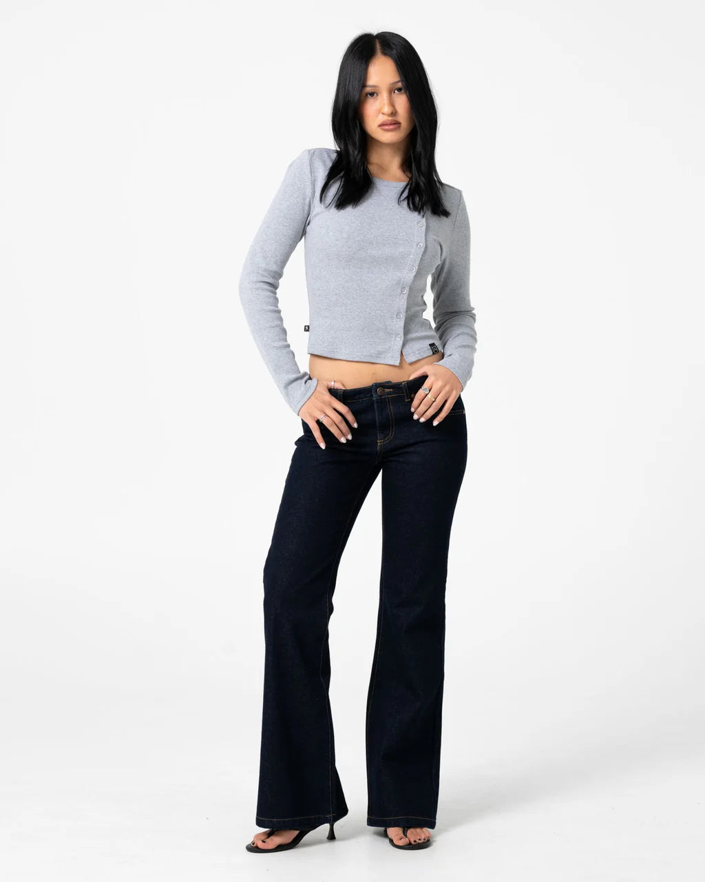 RUSTY BUTTON UP LONG SLEEVE TOP – GREY MARLE