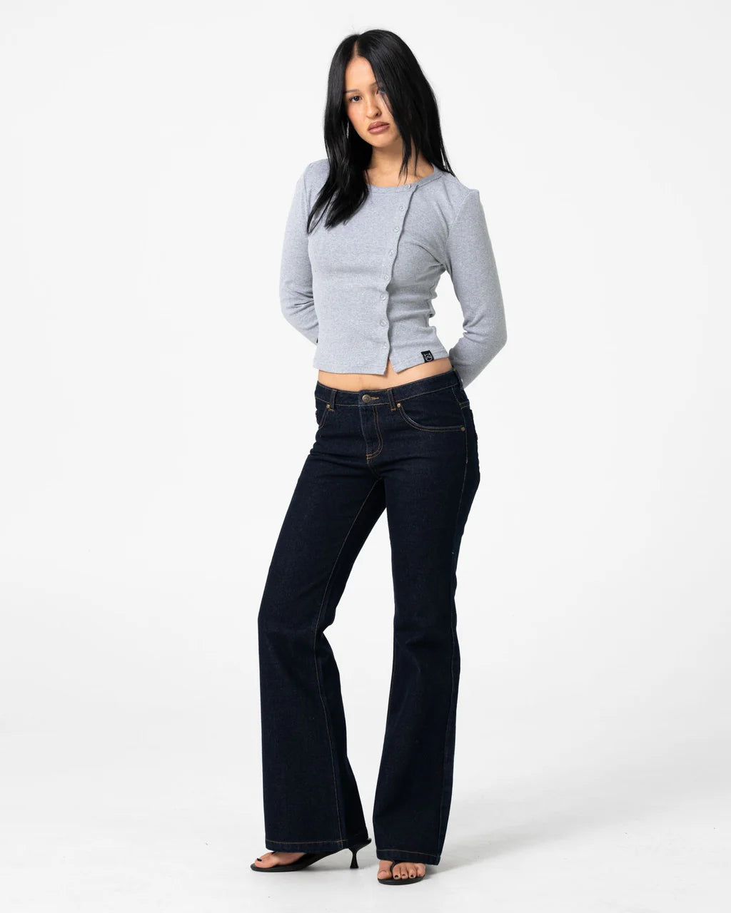 RUSTY BUTTON UP LONG SLEEVE TOP – GREY MARLE
