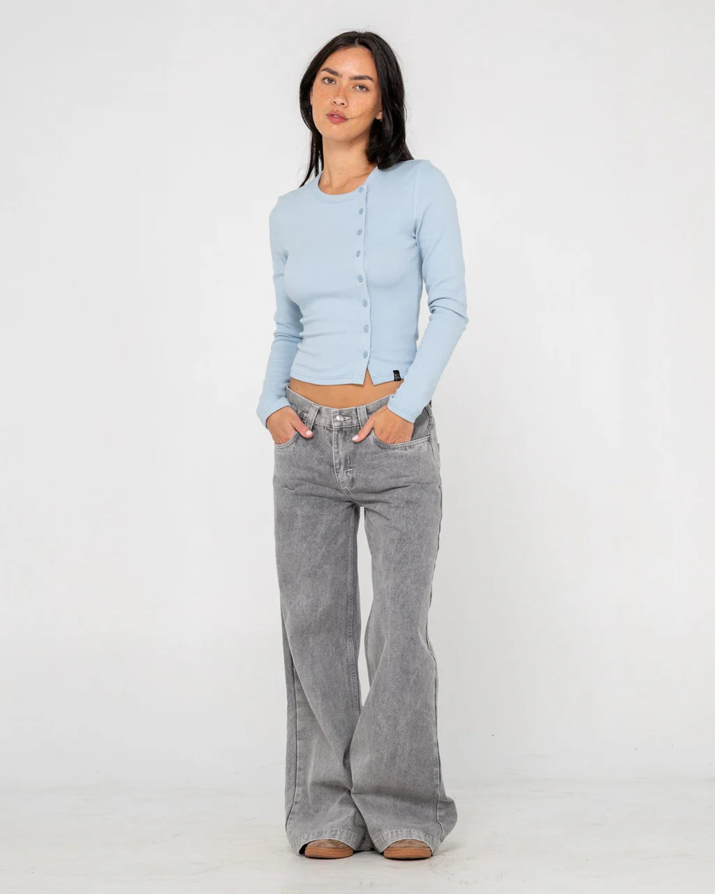 RUSTY BUTTON UP LONG SLEEVE TOP WOMENS SHIRT STREETWEAR BLOUSE RETRO BLUE