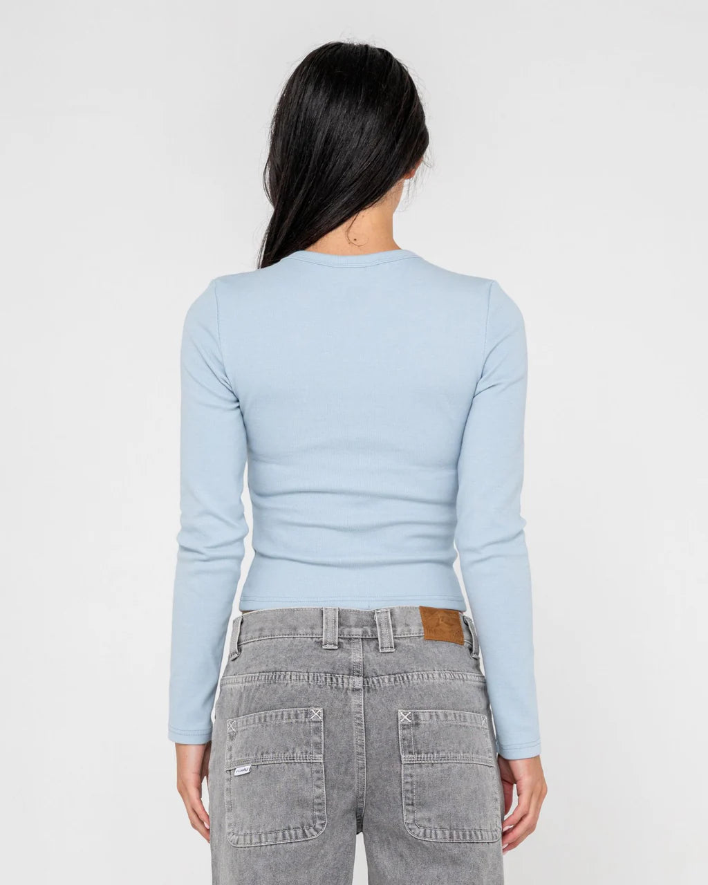 RUSTY BUTTON UP LONG SLEEVE TOP WOMENS SHIRT STREETWEAR BLOUSE RETRO BLUE
