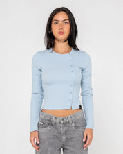 RUSTY BUTTON UP LONG SLEEVE TOP WOMENS SHIRT STREETWEAR BLOUSE RETRO BLUE