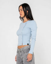 RUSTY BUTTON UP LONG SLEEVE TOP WOMENS SHIRT STREETWEAR BLOUSE RETRO BLUE