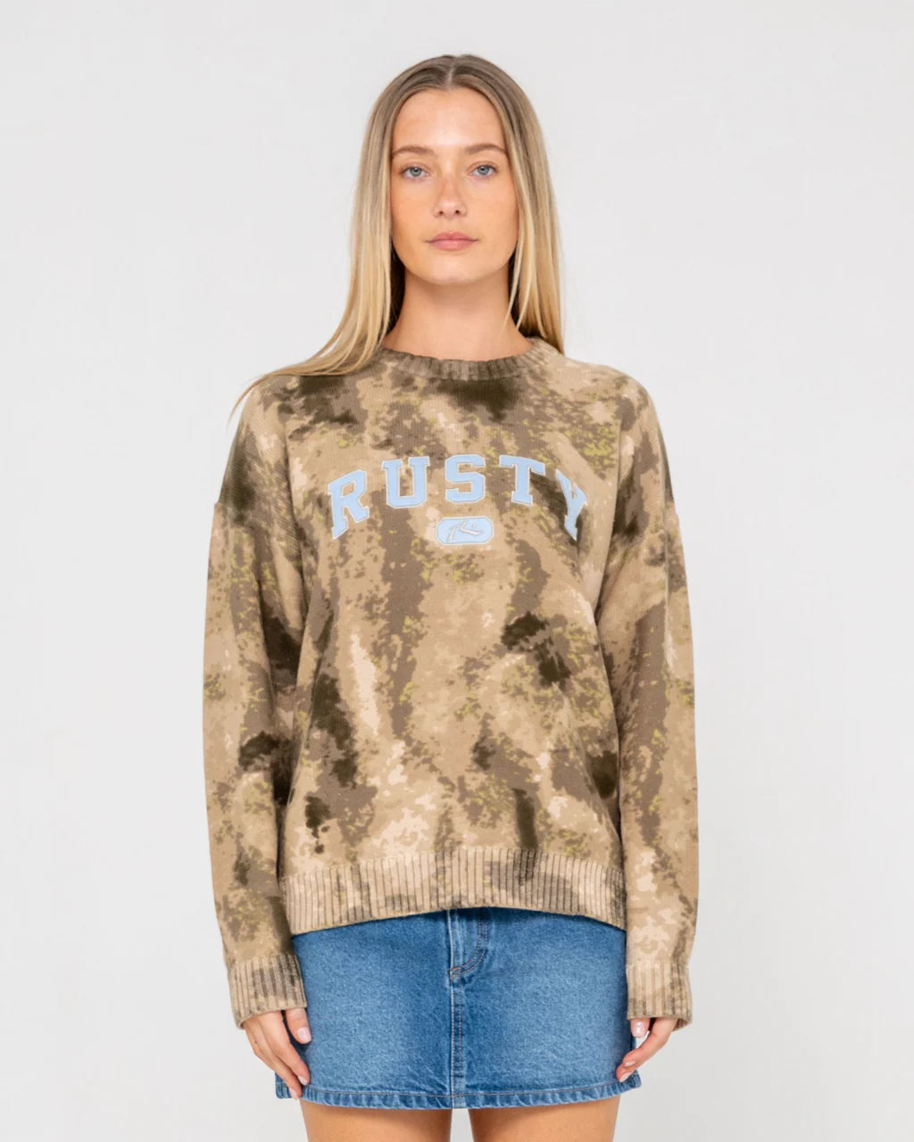 RUSTY CAMOOZY CAMO KNITTED CREW WOMENS KNIT JUMPER CAMO