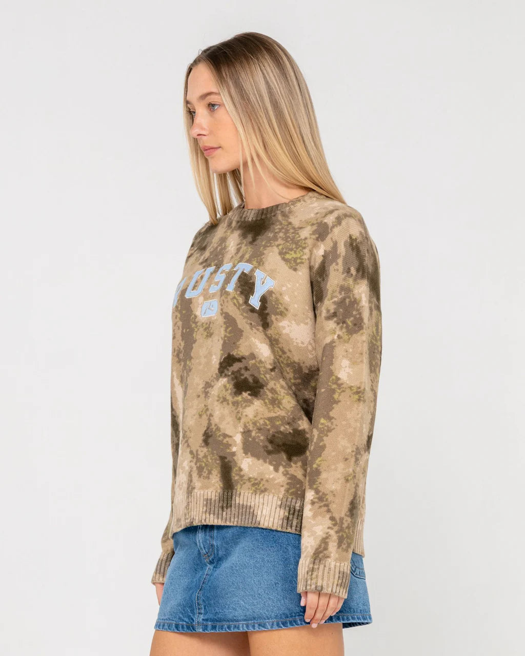 RUSTY CAMOOZY CAMO KNITTED CREW WOMENS KNIT JUMPER CAMO