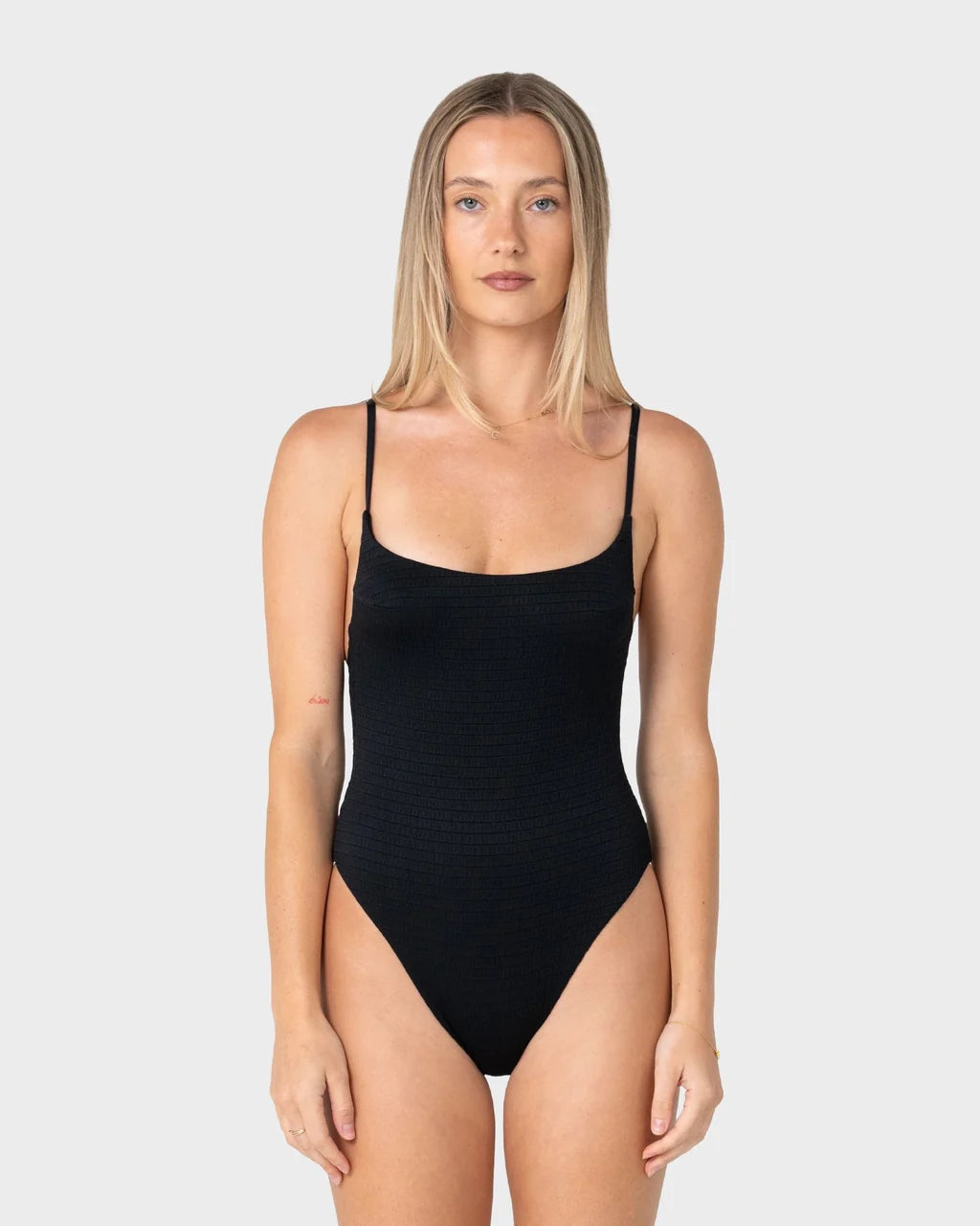 RUSTY CEDAR HIGH LEG ONE PIECE – BLACK