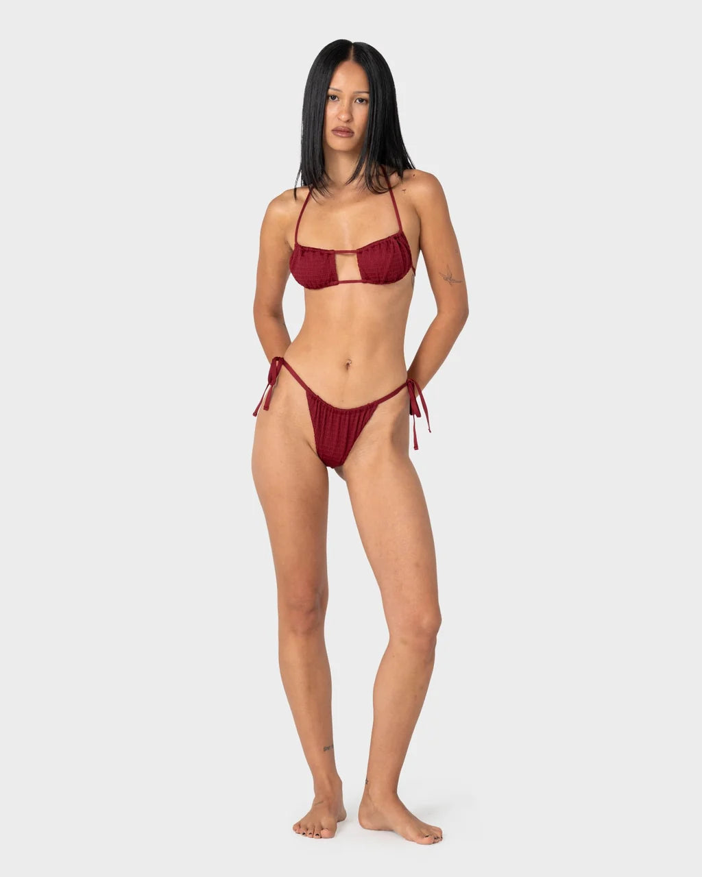 RUSTY CEDAR SIDE TIE CHEEKY BIKINI BOTTOM – CRANBERRY