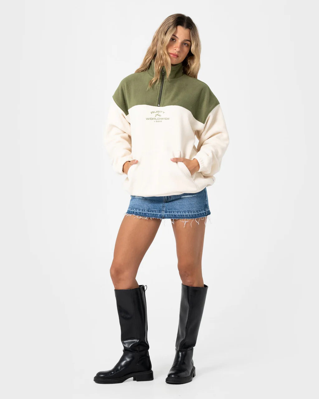 RUSTY CENTRAL DIVISION QUARTER ZIP POLAR FLEECE – KHAKI / CREAM