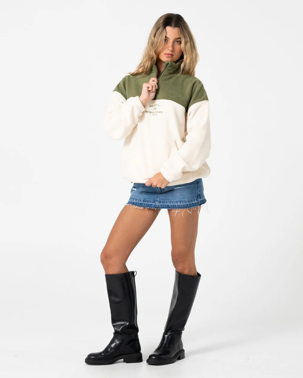 RUSTY CENTRAL DIVISION QUARTER ZIP POLAR FLEECE – KHAKI / CREAM