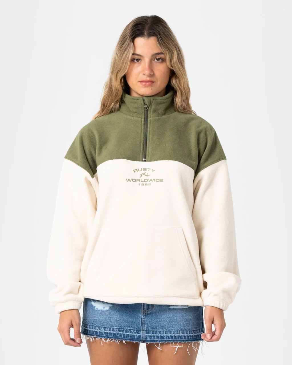RUSTY CENTRAL DIVISION QUARTER ZIP POLAR FLEECE – KHAKI / CREAM