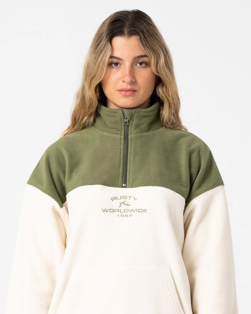 RUSTY CENTRAL DIVISION QUARTER ZIP POLAR FLEECE – KHAKI / CREAM